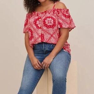 Torrid Bohemian Red Paisley Off-Shoulder Plis Size Blouse Size 2